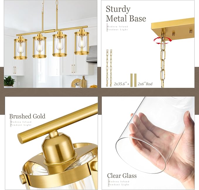 4-Light Kitchen Island Lighting, Brushed Gold Linear Dining Room Light Fixtures with Clear Glass, Modern Mid Century Chandelier Pendant Light for Kitchen Island Dining Room, OS-3014-4ISBG