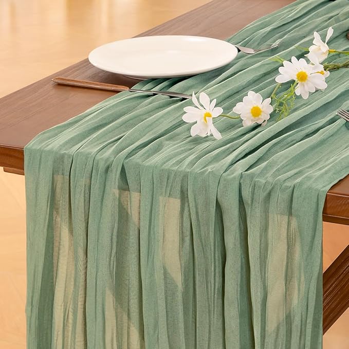 Socomi 6pcs Sage Green Cheesecloth Table Runner Valentine's Day Boho Rustic Gauze 120 inch 10FT Cheese Cloth Runner for Wedding Party Baby Shower Home Decor Holiday Decorations