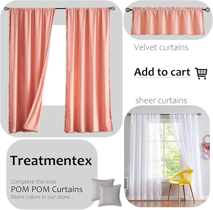 Treatmentex Pom-Pom Grey Sheer Curtains for Canopy in Girls Bedroom 84inches Long Linen Textured Sheer Drapes for Windows 2 pc