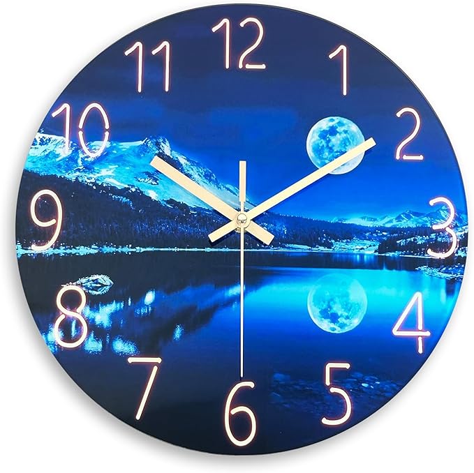 Big Wall Clocks Battery Operated 16 Inches or Larger Glass Moon Clock for Kitchen Blue Wall Clock Non Ticking