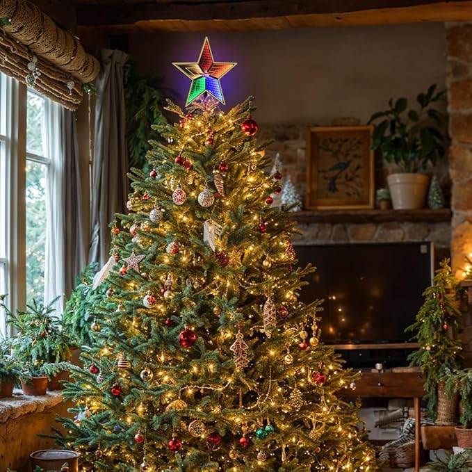 MEETYAMOR Christmas Tree Topper, 11 Inches 130 LEDs Lighted Gold 5-Point Star Tree Topper, 3D Infinity Mirror Colorful Lights Sparkling Treetop Christmas Decorations, Winter Xmas Decor Indoor Home