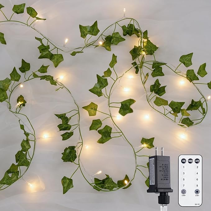 JMEXSUSS 100 LED Vines with Lights Plug in, Ivy Vines with Fairy Lights with Remote, 33 FT Leaf String Lights Waterproof for Room Bedroom Wall Fireplace Christmas Decoration（Warm White）