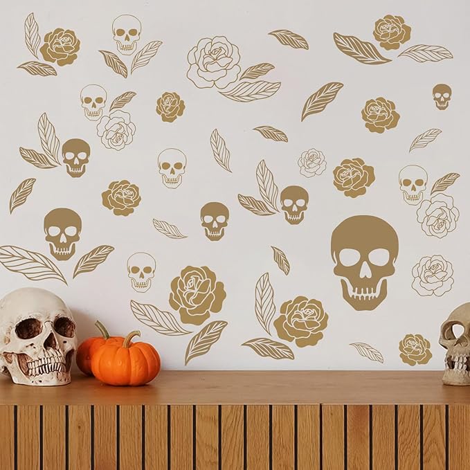 Skull and Rose Halloween Wall Decals,Floral Wall Stickers,Removable Skull Halloween Wall Stickers,Gothic Wall Decals,Suitable for Bedrooms,Living Rooms,Party Scenes,Kindergartens