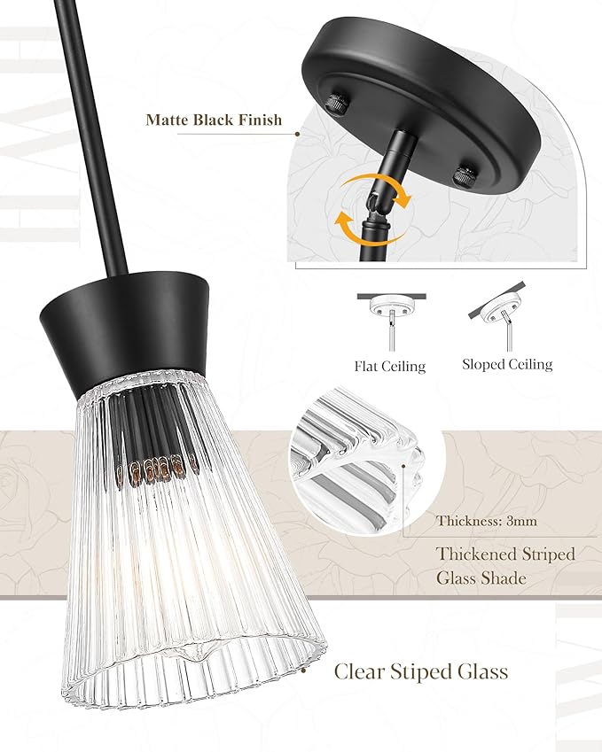 Pendant Lights Kitchen Island, HWH Hanging Light Fixture Set of 2, 5.6 Inch Pendant Light Fixtures Ceiling with Clear Striped Glass, Matte Black Finish, 5HZG107MIL-2PK BK