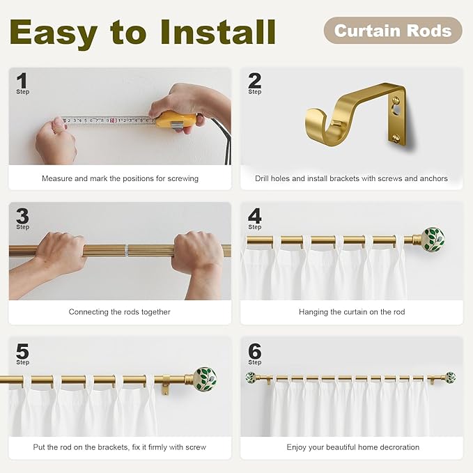 Ceramic Gold Curtain Rods for Windows 66 to 120 Inches Adjustable Length Heavy Duty 1" Diameter Window Curtain Rod with Modern Green Leaf Pattern Decorative Finials for Bedroom Living Room Kitchen