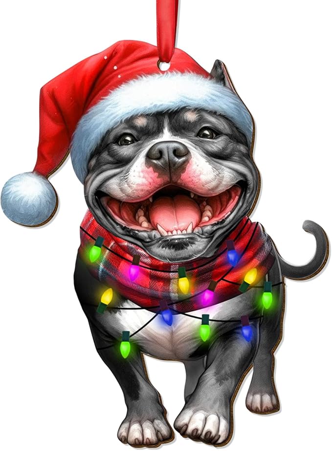 34HD Pit Bull Christmas Ornament Wooden 2-Side Printed, Dog Gifts for Dog Lovers, Christmas Decor for Trees