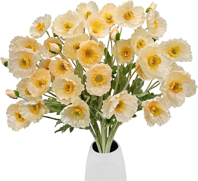 12PCS Poppy Flowers Artificial 23" Real Touch Stems Faux Poppies Silk Flowers for Home Decor Indoor (Champagne)