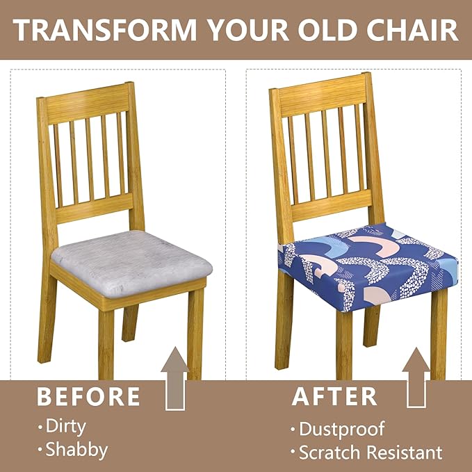 Stretch Dining Chair Seat Covers Set of 6,Dining Chair Slipcovers, Floral Printed Chair Covers,Soft Fabric Washable Upholstered Chair Seat Protector, No Rear Covers for Home Kitchen Dining Room