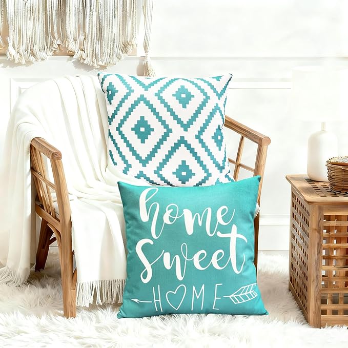 Decorative Throw Pillow Covers 18x18 inch Set of 4 Aqua Blue Pillow Covers for Couch Sofa Bed Living Room,Farmhouse Outdoor Throw Pillow Cover,Modern Geometric Linen Square Throw Pillow Case