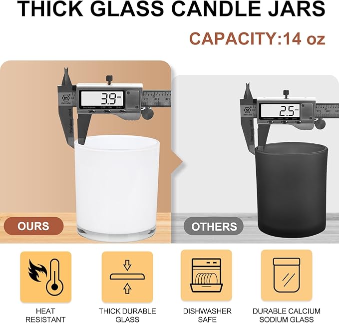 SHOWIN Thick Candle Jars for Making Candles 12 Pcs, 14 OZ Empty Jars with Wood Lids for Candle Making, Sample Container, Inner White