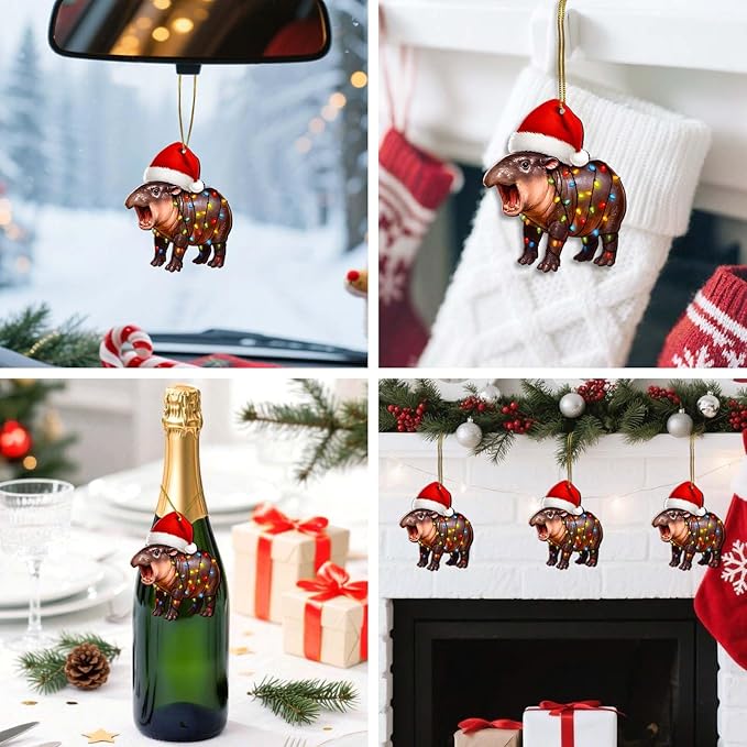 Moo Deng Ornament – Wooden Christmas Tree Decor 2025, Funny Lucky Hippo Keepsake Gift for Thai Culture Fans and Pet Lovers