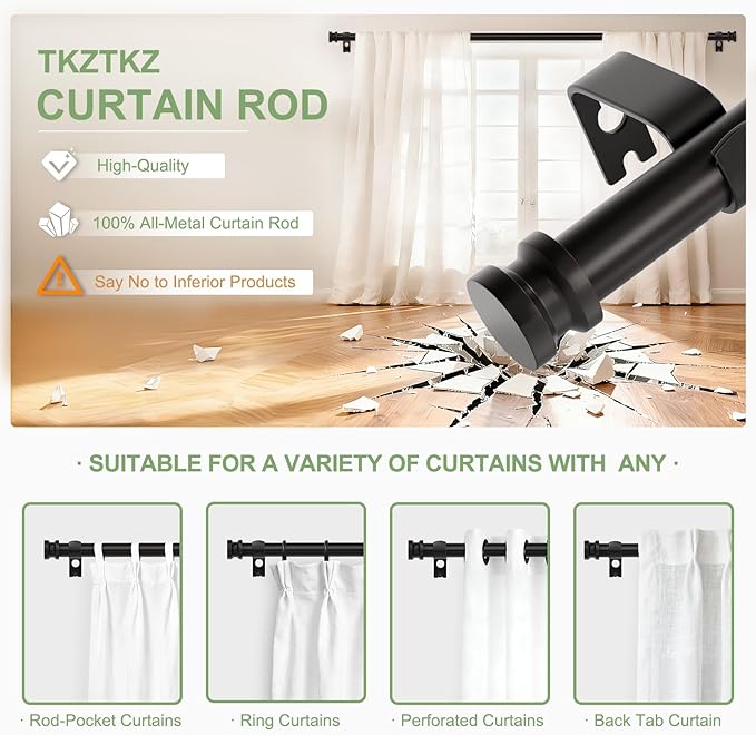 Sturdy Durable Curtain Rod:Black Curtain Rods for Windows 18-28 Inch,Adjustable Heavy Duty Curtains Rod for Bedroom/Kitchen/Dorm/Apartment/Door,Small Modern Decorative Drapery Rods (All-Metal)