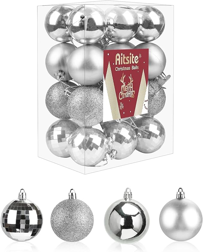 Aitsite 24ct Mini Shatterproof Christmas Ornaments Set, 1.57 Inch Diameter, Silver, Glossy, Frosted, Glitter, Mirrored, Perfect for Christmas Decorations