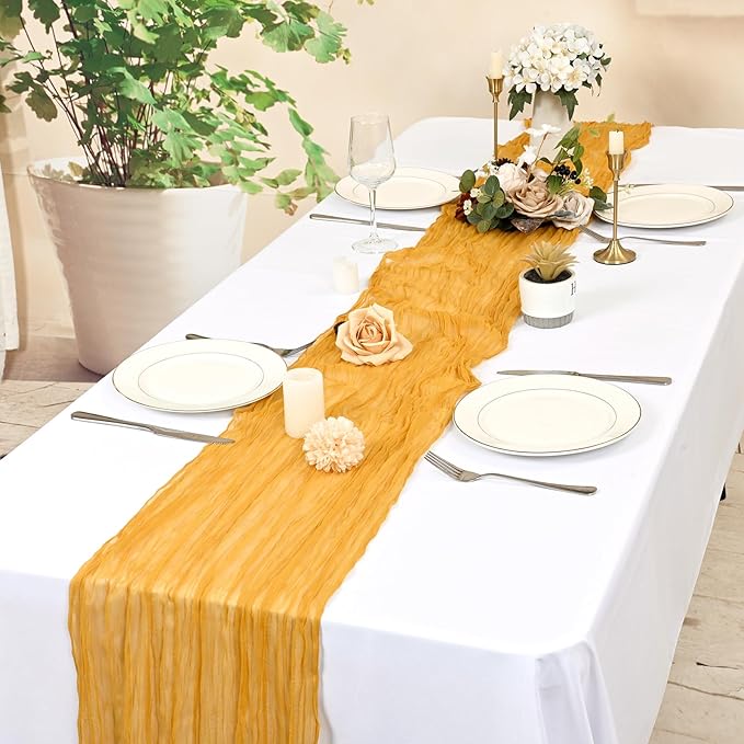 12 Pack Gold Cheesecloth Table Runner 10FT Cheese Cloths for Wedding Decor, 20x120inch Rustic Boho Gauze Table Runners for Wedding Party Bridal Shower Table Decoration