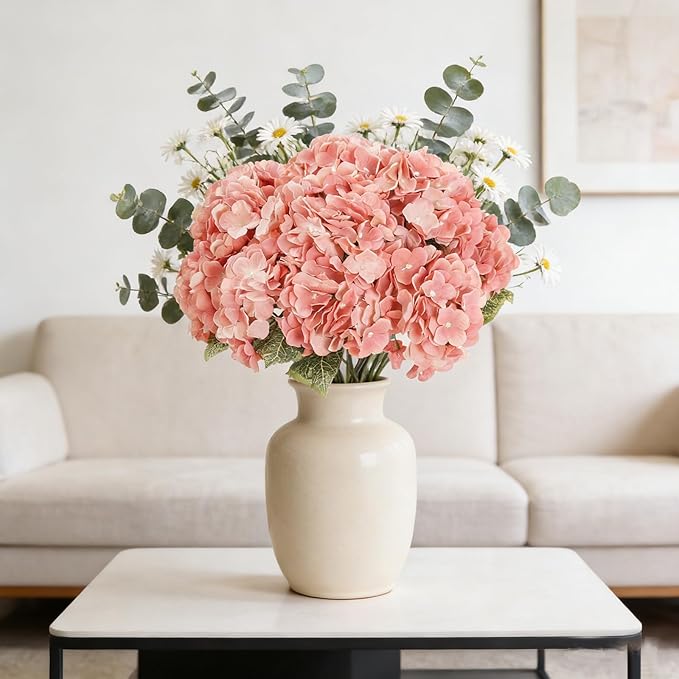 Kimura's Cabin 2Bouquets Fake Hydrangea Flowers Vintage Artificial Silk Hydrangeas Flower 10Heads Faux Floral for Home Table Centerpieces Wedding Party Decoration(Watermelon Pink)