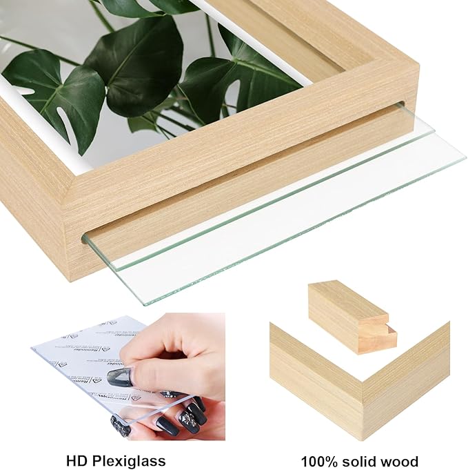 Egofine 4x6 Floating Frames Set of 2, Double Plexiglass Picture Frame, Made of Solid Wood Display Any Size Photo up to 4x6, Wall Mount or Tabletop Standing, Natural Wood
