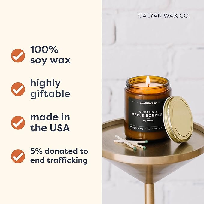 Calyan Wax Co. Oakmoss & Amber Scented Candle - 57 Hour Burn - Luxury Non Toxic Soy Wax Candles - Long Lasting Amber Glass Jar Candle for Home - 7.2oz