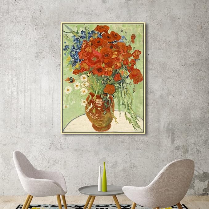 Wieco Art Gold Framed Art Red Poppies and Daisies Large Canvas Prints Wall Art of Van Gogh Famous Artwork Oil Paintings Reproduction Classical Flowers for Living Room Home Decor