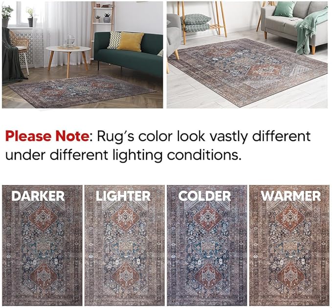 Keen Home Design 8x10 Rug - Machine Washable Area Rug with Non-Slip Backing, Ideal for Living Room, Dining Room, Bedroom - Vintage, Easy Clean, Durable, Low Pile - (8' x 10')