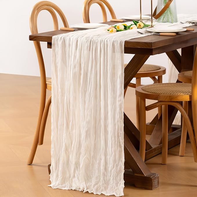 Ivory White Cheesecloth Table Runner 3pcs Valentine's Day Cream Boho Gauze Spring Table Runner 22×120 inches 10FT Table Decor for Farmhouse Wedding Baby Shower Birthday Party Ceremony