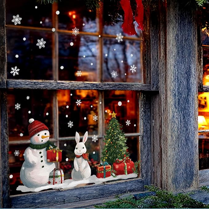 Christmas Snowman and Rabbit Wall Decals Stickers — Winter Scene with Gift Boxes and Christmas Tree Removable Vinyl Wall Decor for Living Room, Bedroom, Office, Holiday Decoration