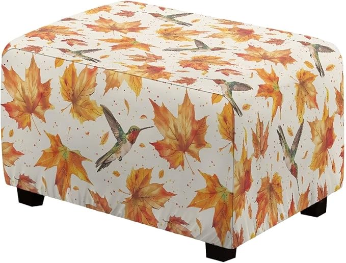 Fall Maple Leaves Ottoman Cover with Hummingbird - Elastic Stretch Slipcover, Machine Washable Furniture Protector for Rectangular Footstools, 30x24x15 inch
