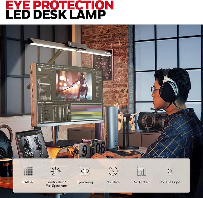 Honeywell LED Desk Lamp with Clamp - HJ1 Sunturalux Eye-Caring Clip on Lights for Home Office, 1200LM Clamp Lamp 4 Color Modes Stepless Dimming Task Desk Light for Working Black