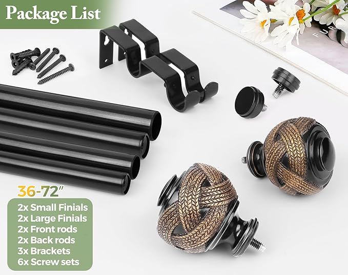 1 Inch Double Curtain Rods 36 to 72 Inches (3 to 6 ft), USFOOK Black Drapery Rods for Windows 24 to 68 Inches, Telescoping Dual Curtain Rod with Woven Leaf Finials