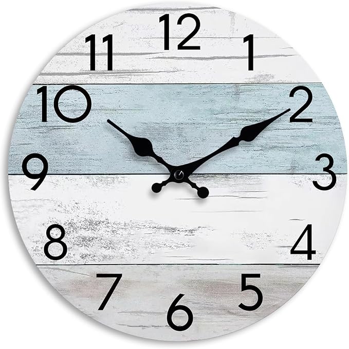 Wall Clock Silent Non-Ticking 14 Inch Battery Operated Country Large Retro Rustic and Beach Style Decorative for Living Room, Kitchen, Home,Bathroom, Office (Blue)