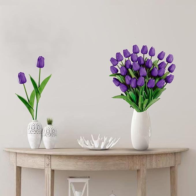 Sggvecsy 15 Pcs Fake Tulips Artificial Flowers Real Touch PU Faux Flowers Tulip Stems for Wedding Spring Bouquet Floral Arrangement Home Party Office Decorations for Mother's Day (Purple)