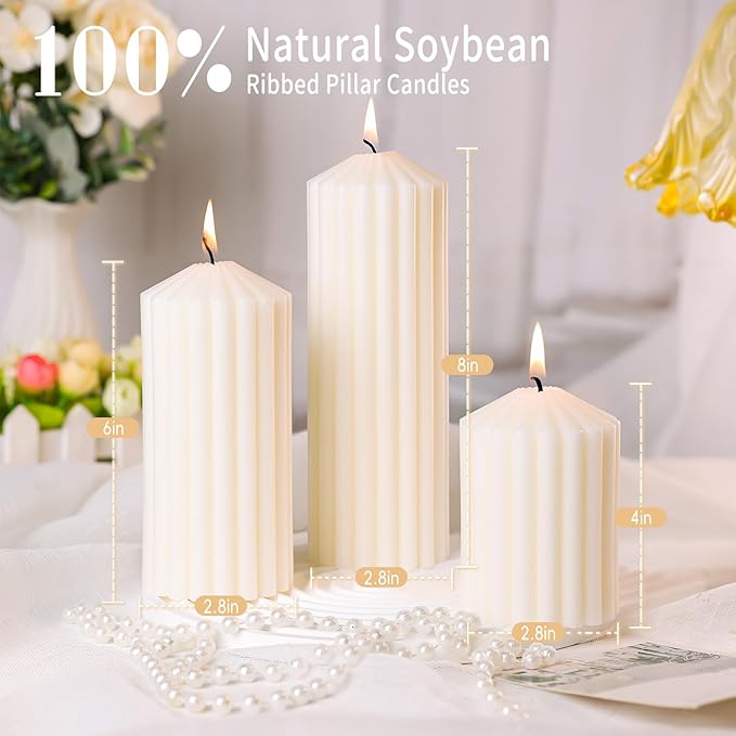 3 Pack Cream White Ribbed Pillar Candles,Soy Wax Large Pillar Candles 2.8x4,6,8inch for Home,Housewarming Gift, Shelf & Table Decor,Smokeless Non-Toxic Pillar Candle-Aesthetic Modern Candles Set