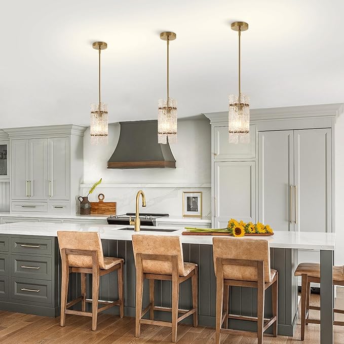 Modern Crystal Pendant Light for Kitchen Island, Gold Luxury Mini Water Ripple Glass Chandelier Lights Fixture, Modern Square Adjustable Hanging Pendant Lighting for Dining Room Bedroom (3-Pack)