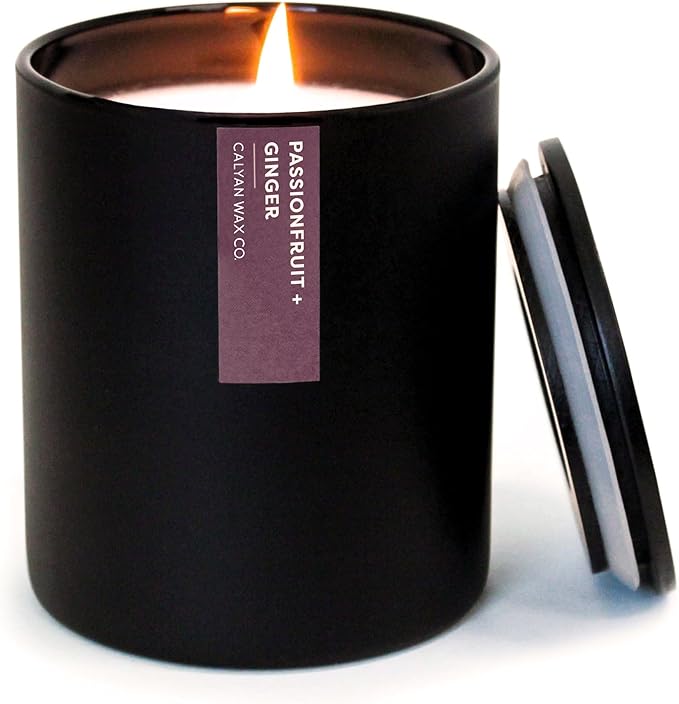 Calyan Wax Co. Passionfruit & Ginger Scented Candle - 75 Hour Burn - Luxury Non Toxic Soy Wax Candles - Long Lasting Black Tumbler Jar Candle for Home - 10.2oz