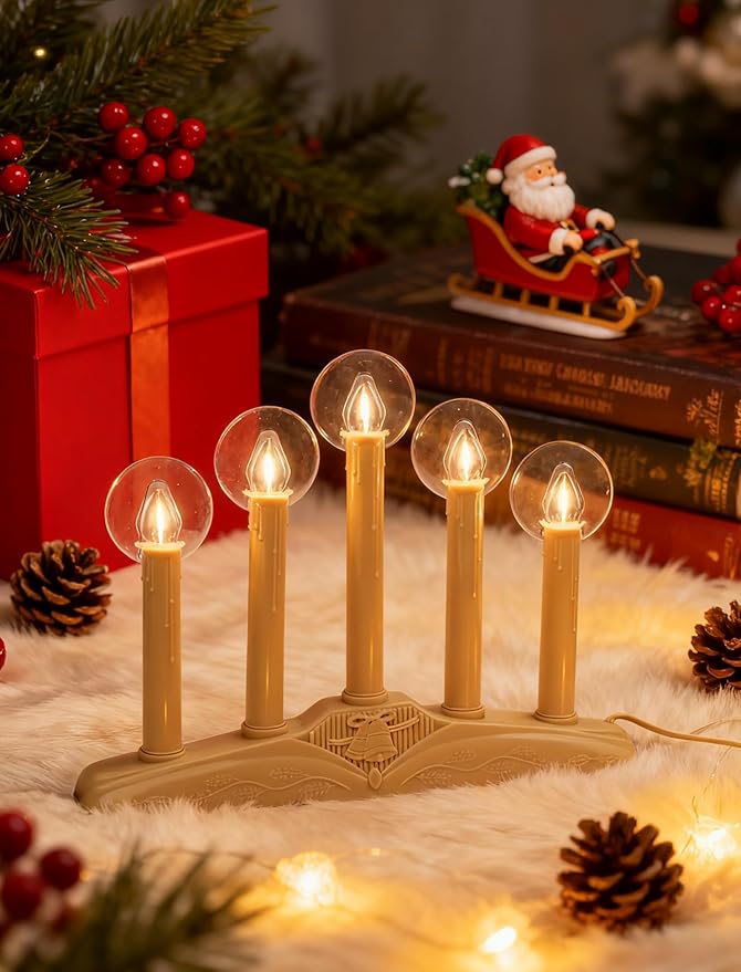 5-Light Christmas Window Candle Lights, Electric Plug-in Candelabra Arch for Luminous Holiday Decorations - Traditional Indoor Windowsill Taper Candle Lamp, Flameless