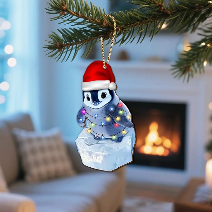 Christmas Ornament - Wooden 2-Side Printed Penguin Hanging Decoration for Tree, Xmas Decor, Gifts for Penguin Lovers