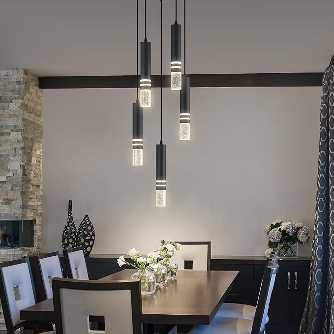 Pendant Lights Kitchen Island, Crystal Pendant Light Fixtures Mini 30W LED Modern Kitchen Pendant Lighting Over Sink and Living Room and Bedroom (Black 5 Light)