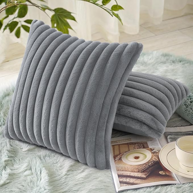 decorUhome Faux Fur Christmas Throw Pillow Covers 18x18 Set of 2, Decorative Soft Plush Striped Neutral Couch Euro Pillow Covers with Velvet Back for Sofa, Bed, Living Room Home Decor, Grey