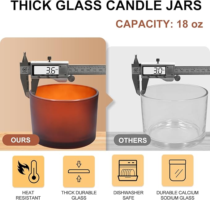 18 OZ Thick Candle Jars for Making Candles 6 Pcs, Empty Jars with Wood Lids for Candle Making, Sample Container, Frosted Brown