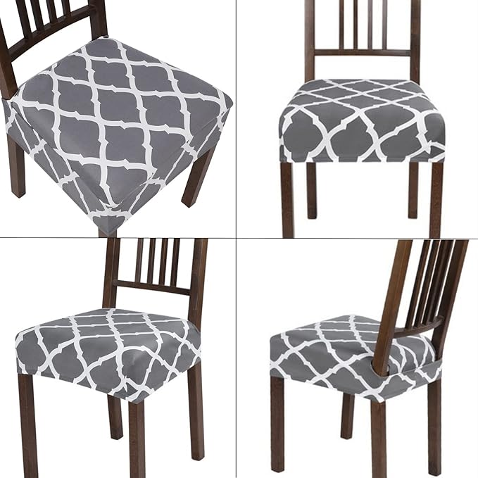 SearchI Stretch Dining Chair Seat Covers Set of 4, Soft Removable Washable Seat Covers for Dining Chairs, Dining Room Protector (Rear-Covered, Grey)