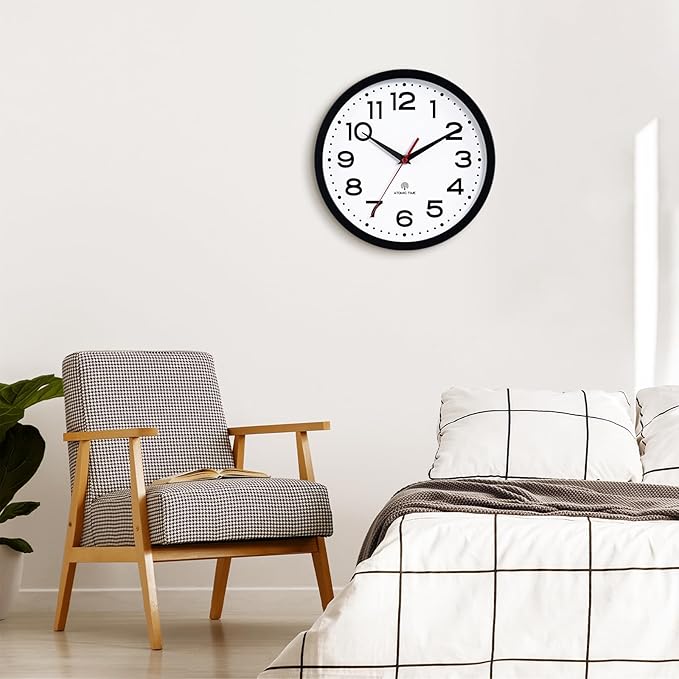 Atomic Wall Clock 14 Inch, Modern Clock Battery Operated Classic Analog Decorative for Kitchen, Living Room, Office, Bedroom, Bathroom (Black)