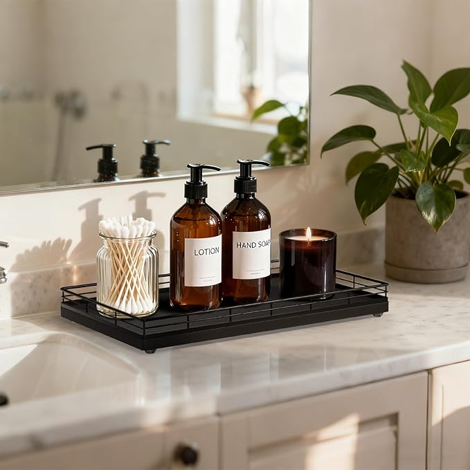 Large Bathroom Vanity Tray – 13" x 8" Oak Decorative Wooden Tray for Bathroom Countertop & Vanity Organizer, Rectangular Wood Tray for Perfume, Skincare, Storage, Vanity Dresser Counter Decor, Black