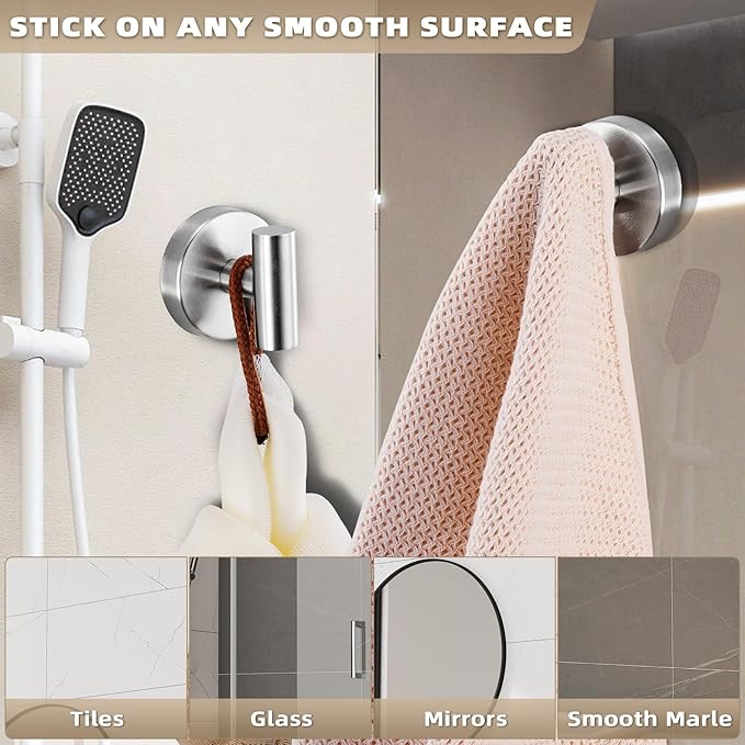 Suction Cup Hooks for Shower - Bathroom Reusable Hooks for Towels, Robes & Loofah - No-Drill Mounting on Kitchen,Walls,Metal,Glass,Mirrors,Tile & Smooth Non-Porous Surfaces (2, Brushed Nickel)