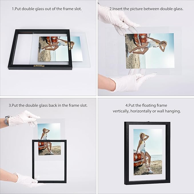Trwcrt 4x6 Floating Picture Frames Set of 4, Double Glass Photo Frame Display up to 6 x 8 Photos for Desktop or Wall Hanging, Black