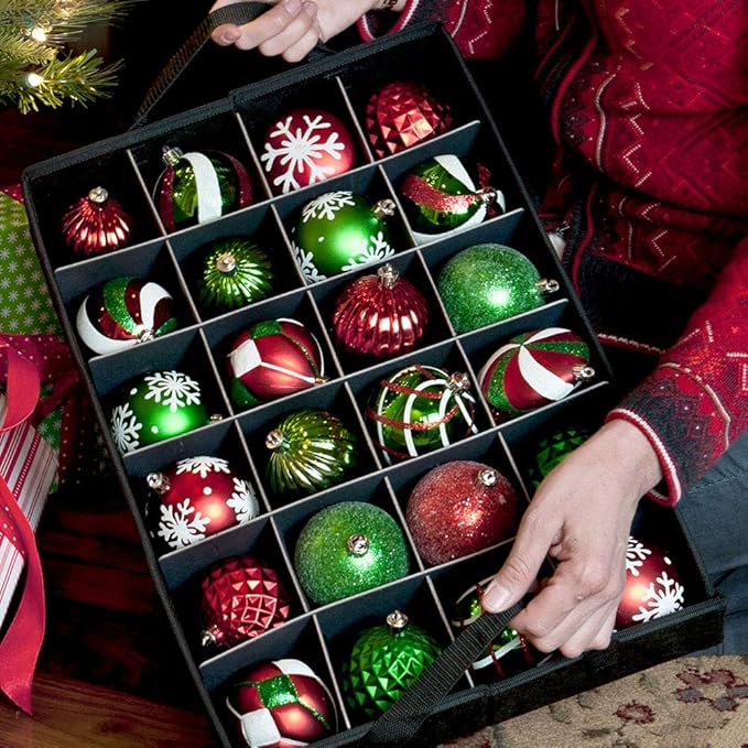 [Red Christmas Ornament Storage Box with Dividers] - (Holds 48 Ornaments up to 3 Inches in Diameter) | Acid-Free Removable Trays with Separators | Clear Window to Easily See Storage Bags Contents