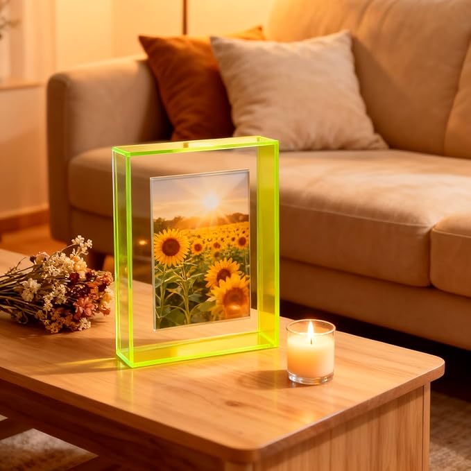 5x7 Acrylic Picture Frame Neon Floating Photo Frame for Wall Mount and Tabletop Decorative in Gallery Home Office, Neon Green