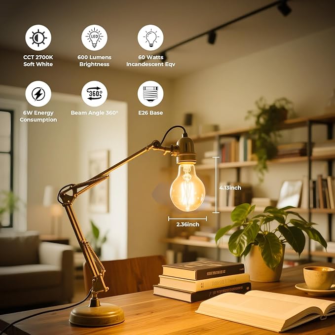 LED Edison Bulb Dimmable, 2700K Soft White, A19 Clear Glass Vintage E26 LED Bulb 6W, 60 watt Equivalent, A19 Light Bulb for Ceiling Fan, 90+CRI, 600LM, 24 Pack