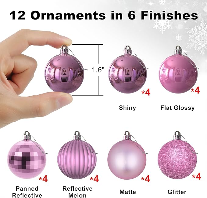 Bubblegun Pink 1.6" Small Christmas Balls Christmas Tree Decoration Ornaments Shatterproof Hanging Balls for Birthday Halloween Holiday Wedding Decorations Set of 12pcs