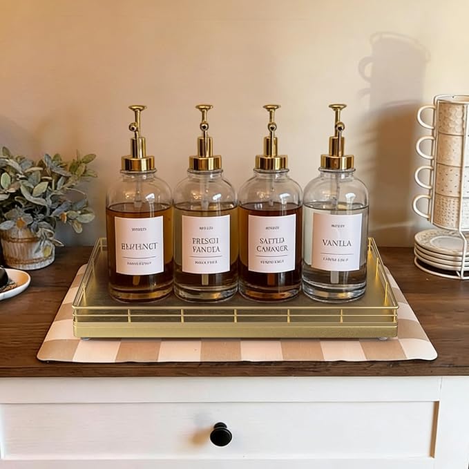 Large Bathroom Vanity Tray – 13" x 8" Oak Decorative Wooden Tray for Bathroom Countertop & Vanity Organizer, Rectangular Wood Tray for Perfume, Skincare, Storage, Vanity Dresser Counter Decor, Gold