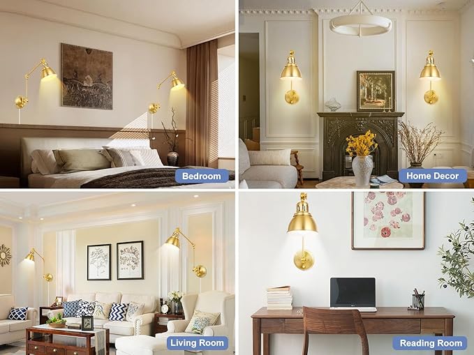 2 Pack Plug in Wall Sconces, Dimmable On Off Switch, Swing Arm Wall Lamps, Wall Sconces Set of Two, Gold Metal Industrial, Plug-in or Hardwired (Gold, Without Bulbs+Remote)