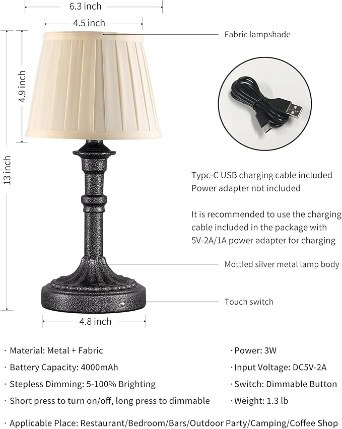 KDG Cordless Portables Table Lamp Set of 2, LED Fabric Shade Small Desk Lamps, 4000mAh Battery Powered Lighting, 2700K Stepless Dimmable Light for Living Room, Dining Room, Bedroom (Mottled Silver)